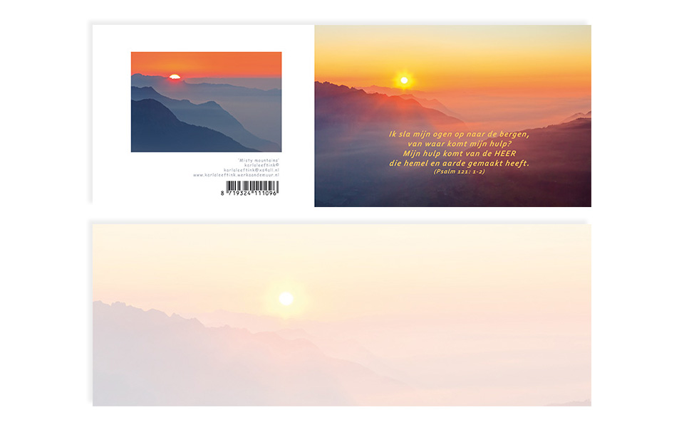A6 kaart met voorop de tekst: Ik sla mijn ogen op naar de bergen, van waar komt mijn hulp? Mijn hulp komt van de HEER die hemel en aarde gemaakt heeft