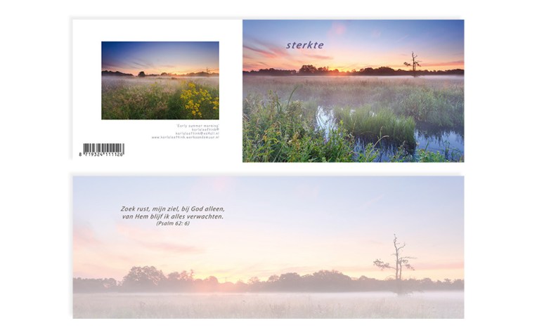 A6 kaart met sterkte voorop en binnenin de tekst: Zoek rust, mijn ziel, bij god alleen, van Hem blijf ik alles verwachten